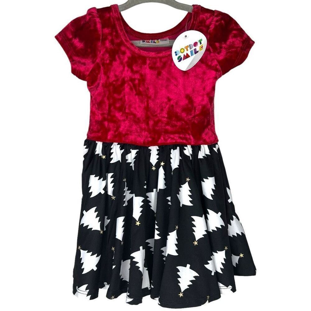 NEW Dot Dot Smile Red Velour Christmas Tree Cap Sleeve Dress 12-24M